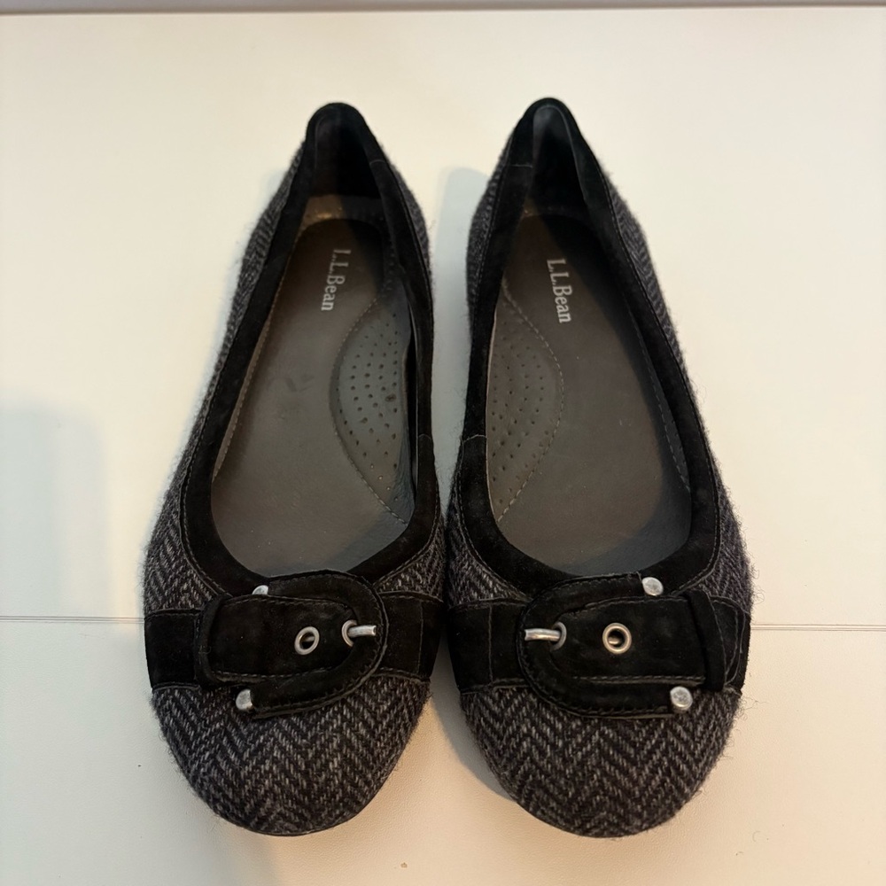 L.L. Bean Women's Gray and Black Herringbone Ballet Flats with Buckle